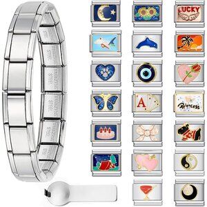 Customizable Silver Italian Charm Bracelet Gift Set - 20 Charms & Tools Included